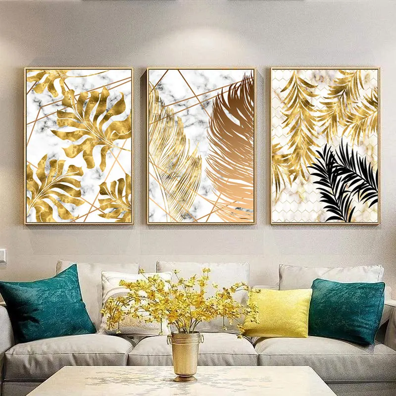 

Canvas Painting Nordic Prints Aesthetic Poster Modular Canvas Gold Foil Nordic Plant Canvas Painting Poster Home Decor Bedroom