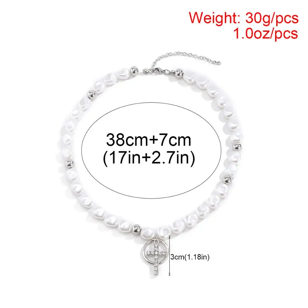 

Lacteo Punk Shiny Rhinestone Cross Round Circle Pendant Necklace Hip Hop Imitation Pearl Chain Choker Necklace Jewelry for Women