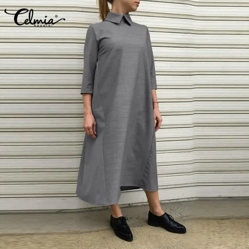 

Осень 2021, винтажное длинное платье-рубашка Celmia, женские повседневные свободные платья средней длины с полурукавами и отложным воротником, м...
