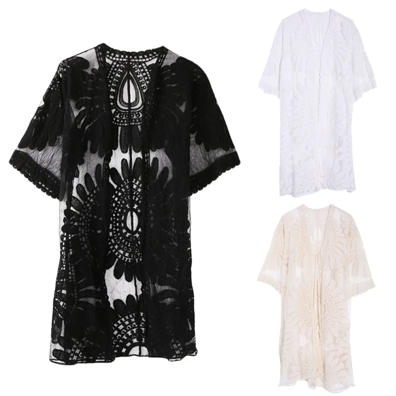 

Пляжная накидка, бикини с цветочной вышивкой, женский халат, кардиган, купальный костюм