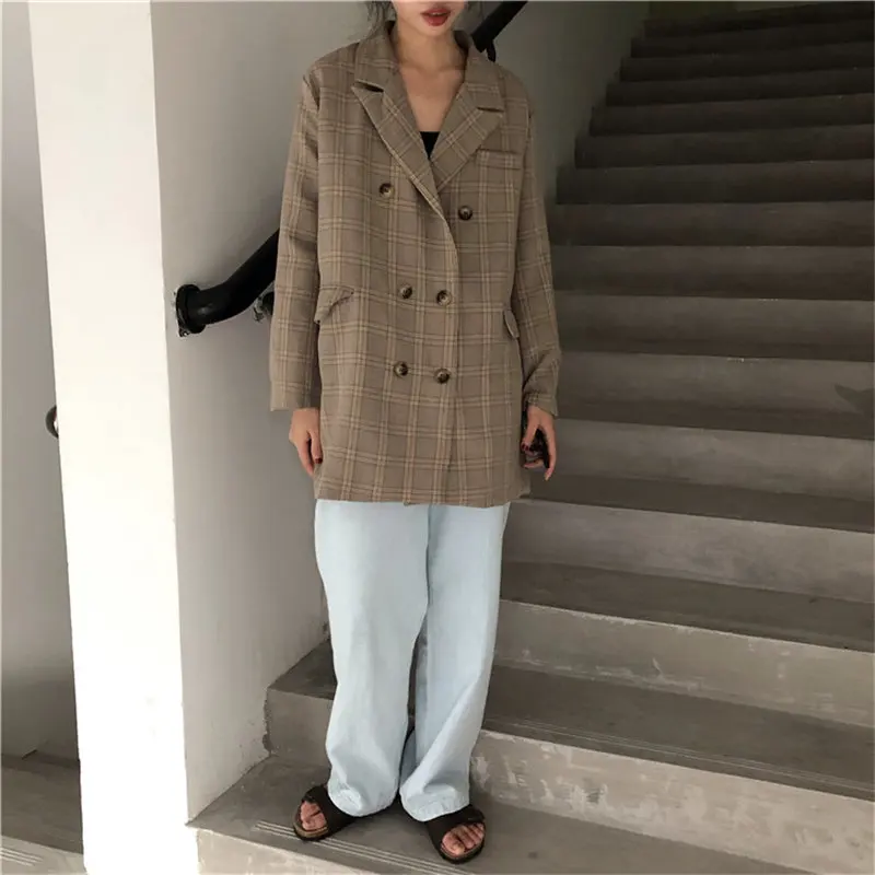 

HziriP Geometric Women Loose Vintage Plaid All Match Leisure Elegance 2020 Houndstooth Gentle Feminine Casual Chic OL Blazers