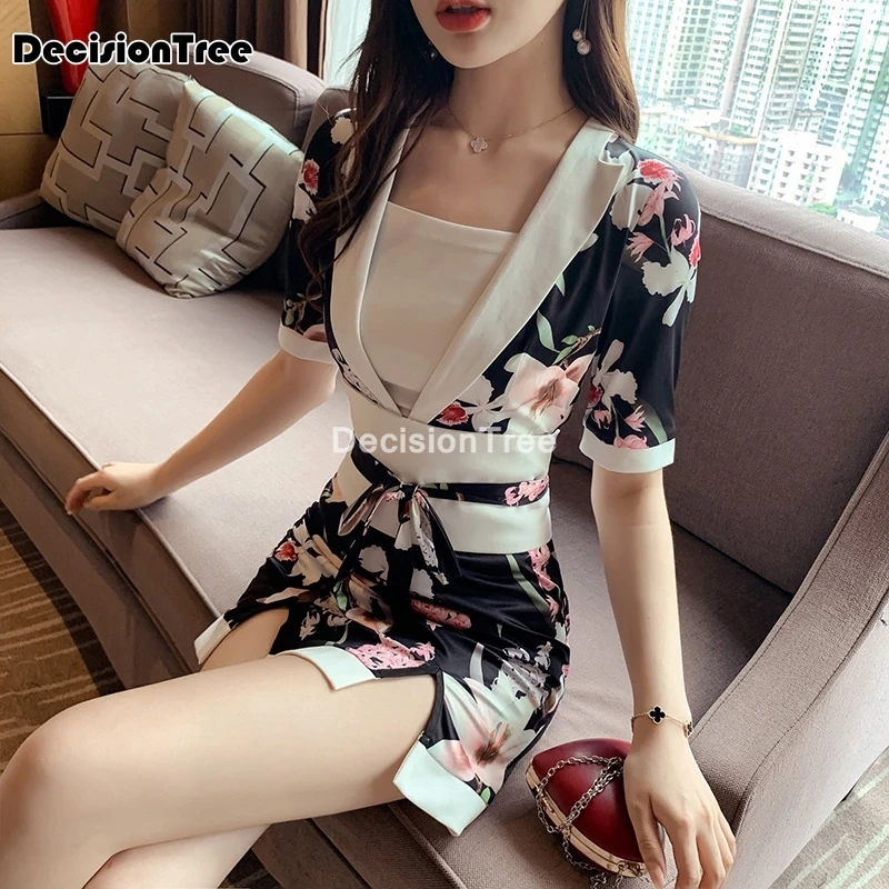 

2022 women sexy japan satin kimono yukata with obi japanese traditional lady cosplay costume elegant floral performance dress