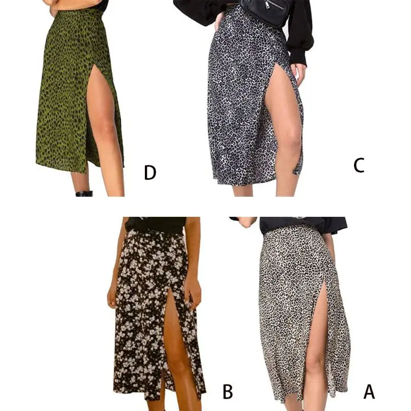 

Women High Waist Boho Floral Leopard Printed Side Split A-Line Midi Skirt Sexy Slim Fit Stretch Beach Clubwear