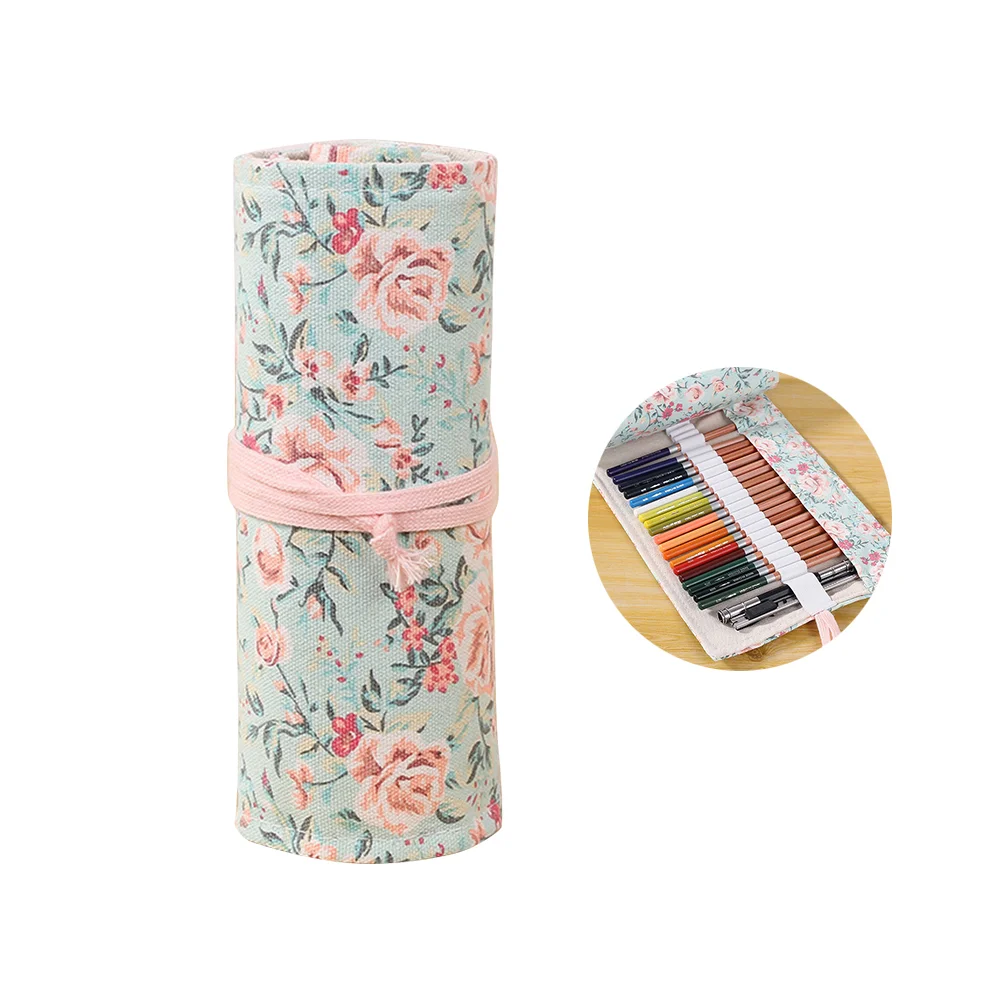 

Stationery Bags Canvas Portable Rolling Pencil Roll Wrap Holder Pouch Case Floral Style Storage Organizer With 12-hole