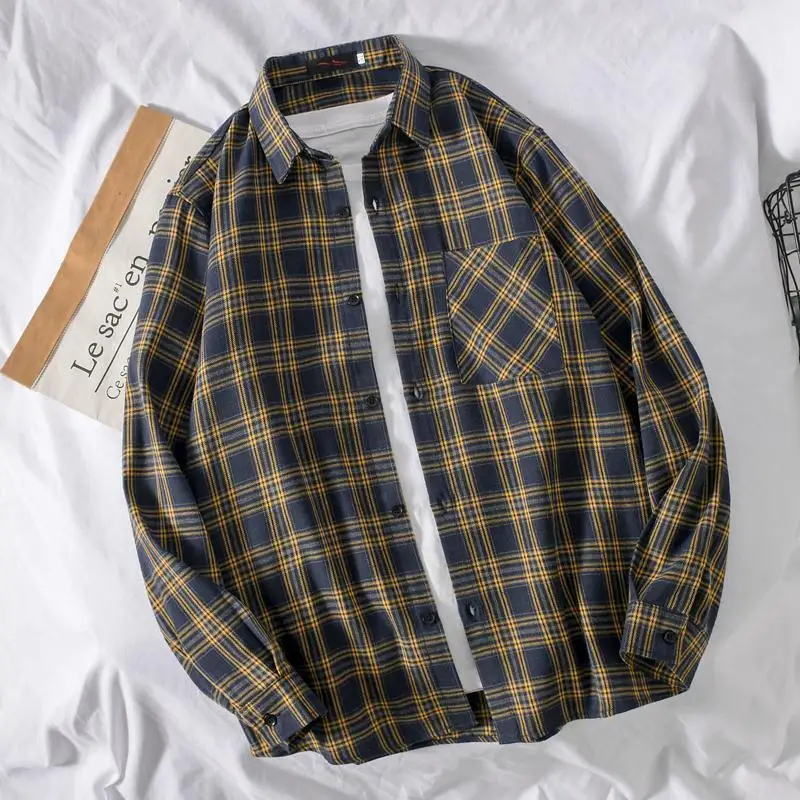 Рубашка женская в клетку с отложным воротником большого размера длинным рукавом