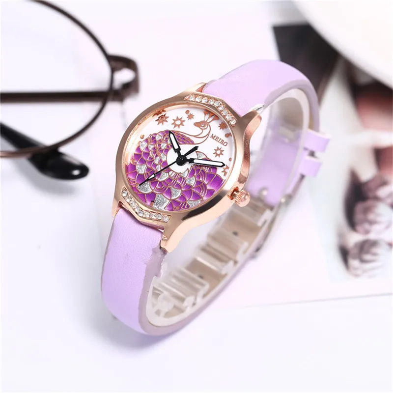 Изысканные женские часы кожа кварцевые креативный алмаз павлин узор