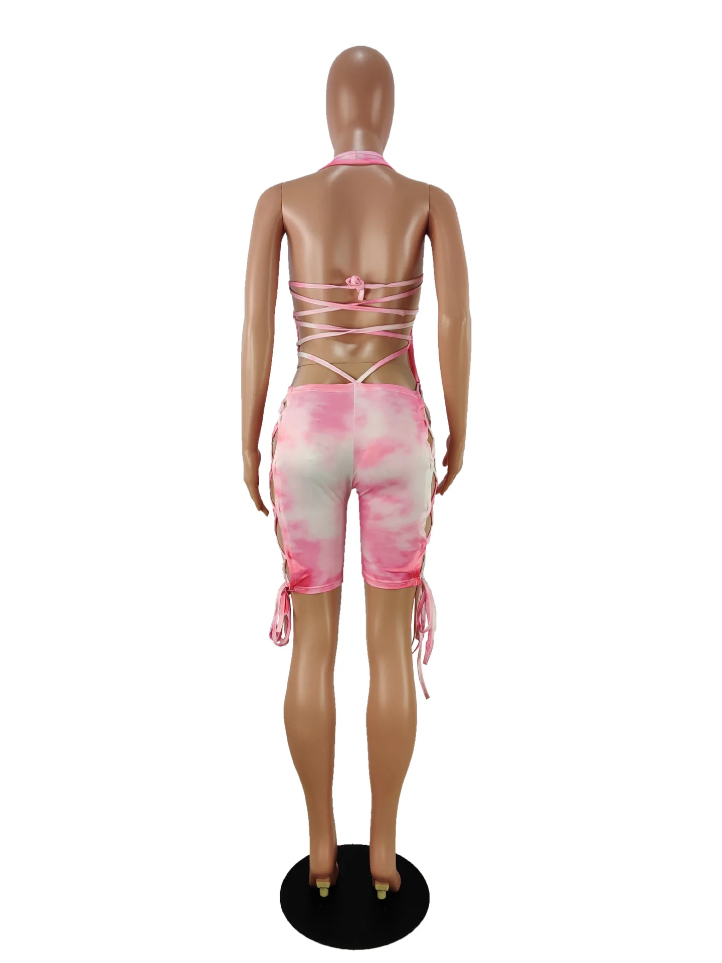 

HAOOHU Sexy Tie Dye Backless Bandage Playsuit Summer Body One Piece Club Outfits Bodycon Rompers Womens Jumpsuit Biker Shorts