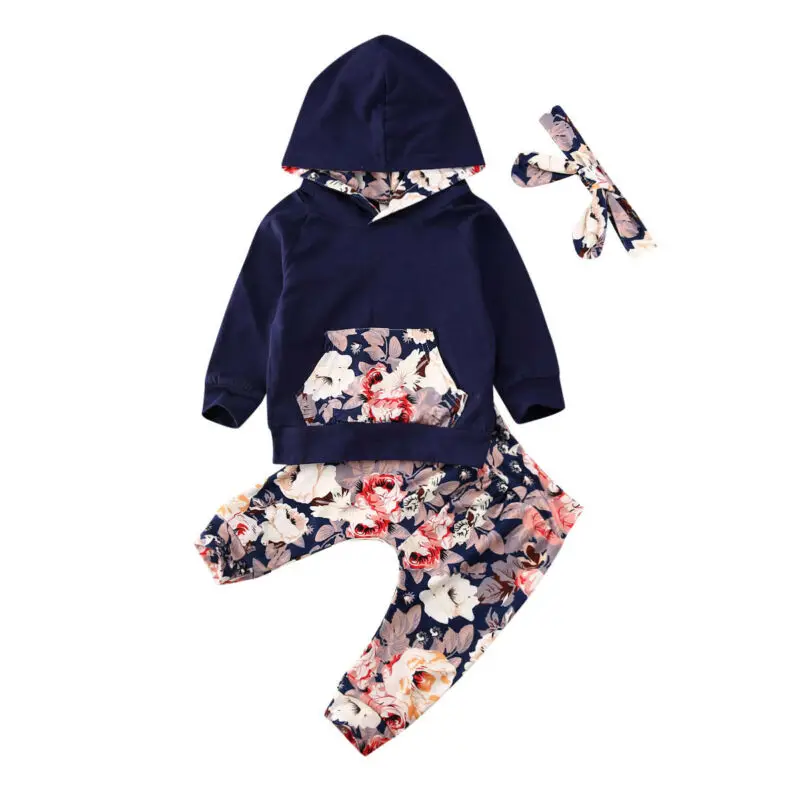 

Dropshipping Girls Boys 0-24M Toddler Clothes Sets Long Sleeve Flower Hood Top + Pants + Headband Outfits 3PCS Per Sets Outfits