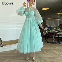 booma aqua dotted tulle prom dresses o neck long puff sleeves illusion a line party dresses buttoned top tea length prom gowns
