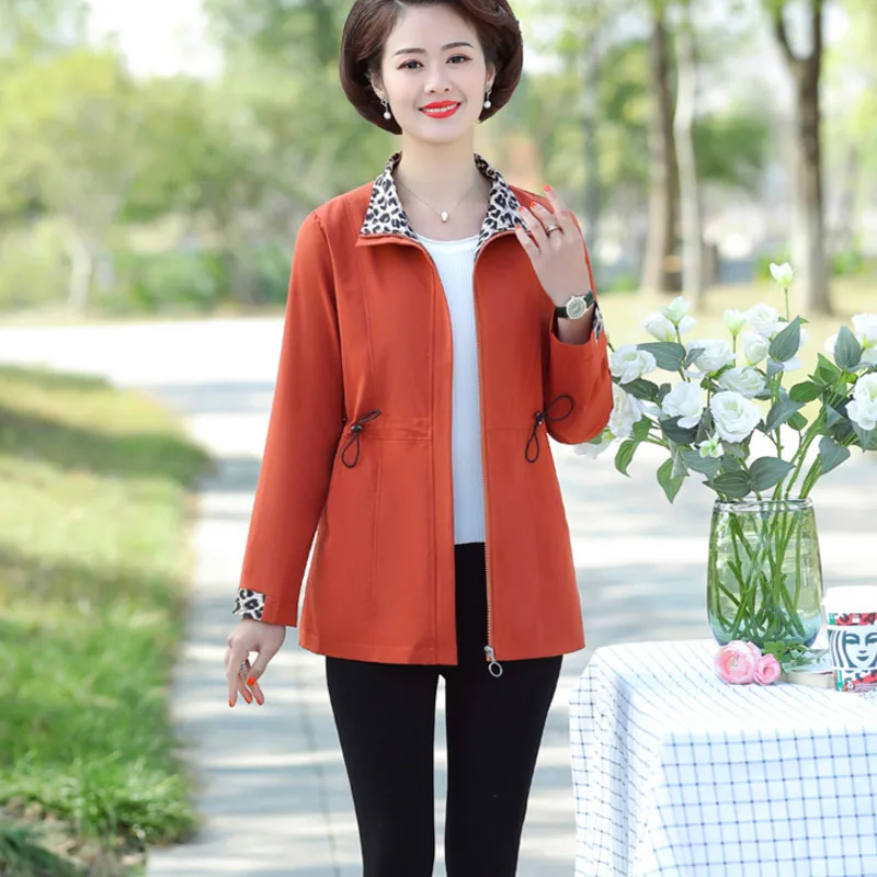 

2021 Middle-Aged Womens Windbreaker Spring Autumn Jackets Coats Long-Sleeved Zipper Leopard Casual Casual Loose Outerwear