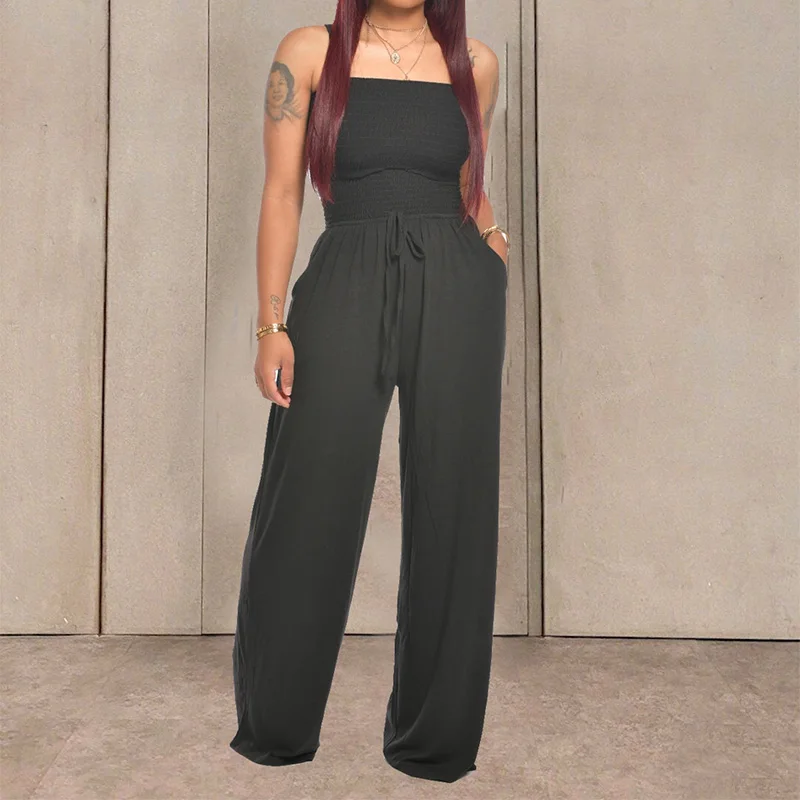 

Women Summer Sexy Off Shoulder Strapless Sleeveless Jumpsuits Fashion Casual Solid Lace Up Wide Leg With Pockets Rompers Outfit