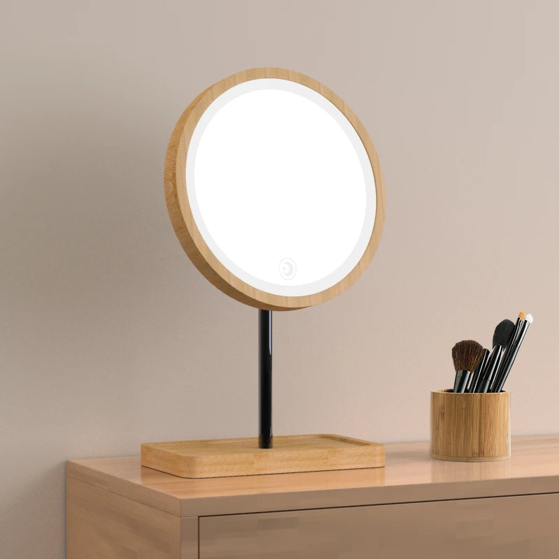 

Wooden Desktop LED Makeup Mirror USB Charging Cosmetic Mirrors Touch Screen Detachable Mirror Adjustable Bright Beauty Mirrors
