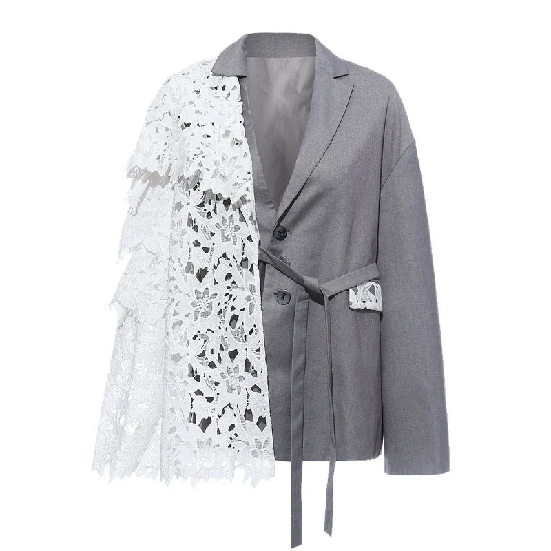 

DEAT Gray Lace Bandage Asymmetrical Blazer Women New V-neck Long Sleeve Loose Fit Jacket Fashion Tide Spring Autumn 2021 GX223