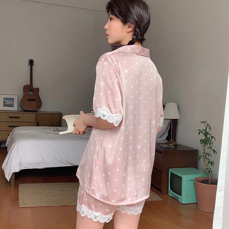 

Summer Women Pajama Set Fashion Sweet Lace Cuff Short Sleeve Suit Pyjamas Ice Silk Like Sleepwear Star and Crown Print Nightwear