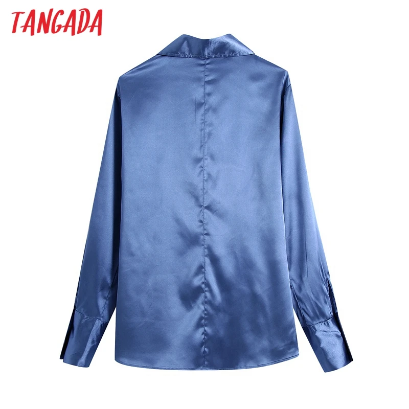 

Tangada Women 2021 Fashion Blue Satin Shirt Vintage Long Sleeve Button-up Female Blusas Chic Tops BE619