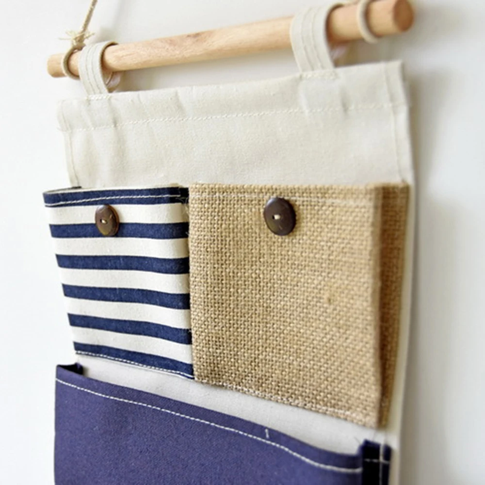 Полосатые комбинированные Висячие Сумки для хранения льняные тканевые карманы