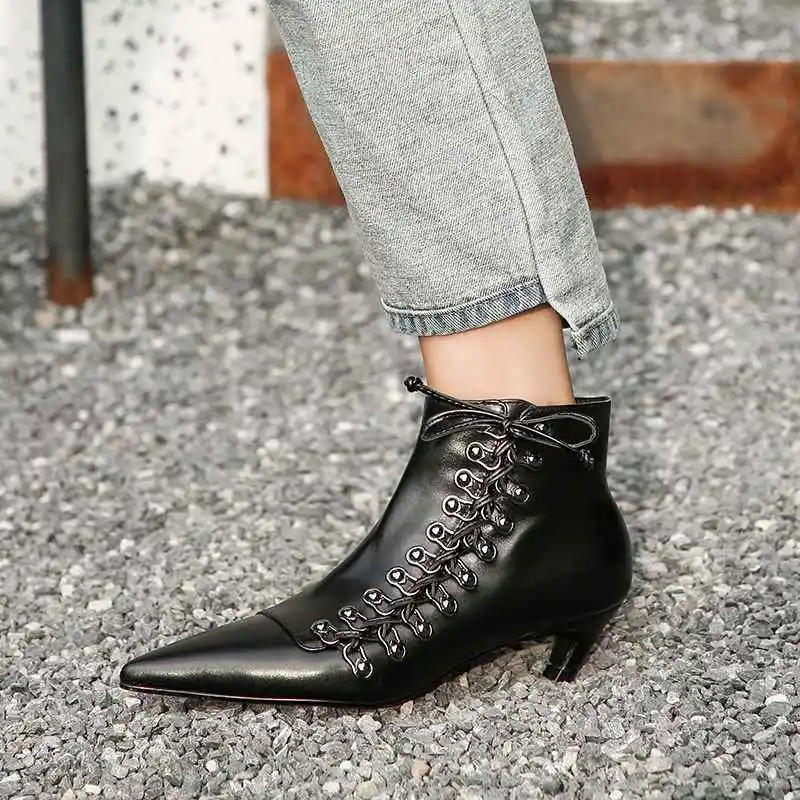 

KemeKiss New Hot Stylish Real Leather Women Ankle Boots Lacing Shoes Women Pointed Toe Zipper Female Work Zapatos Size 34-39