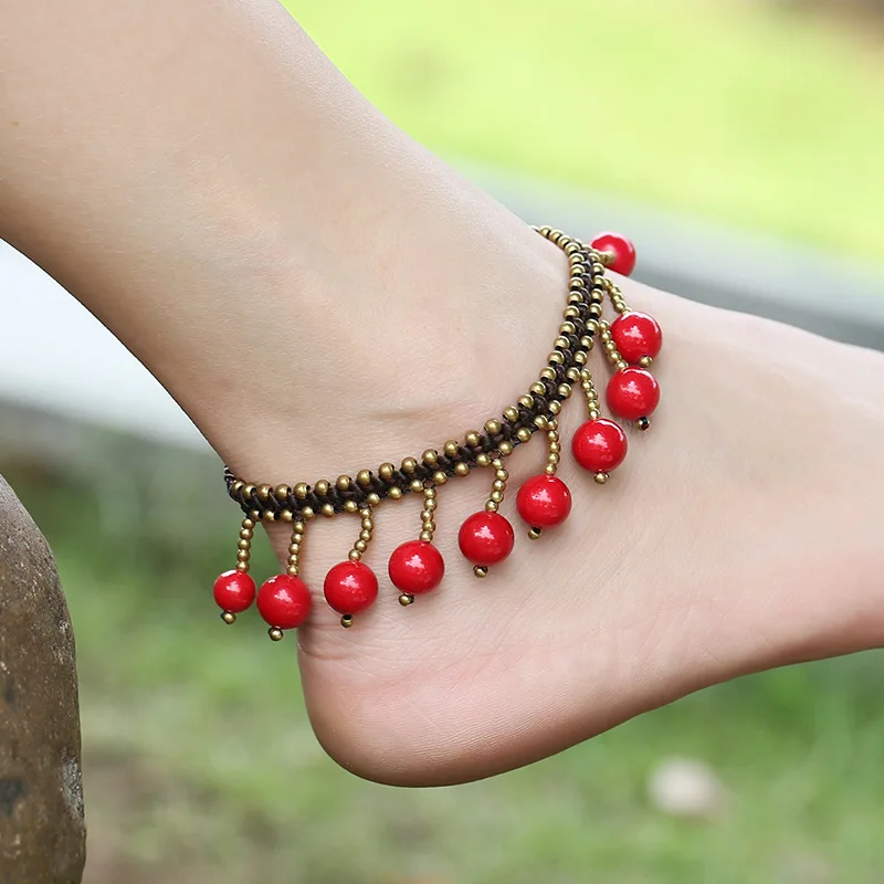 

Vintage Thai Wax Thread Hand-woven Anklet Bohemian Red Leather Bead Pendant Anklets Retro Ethnic Style Anklet JL010