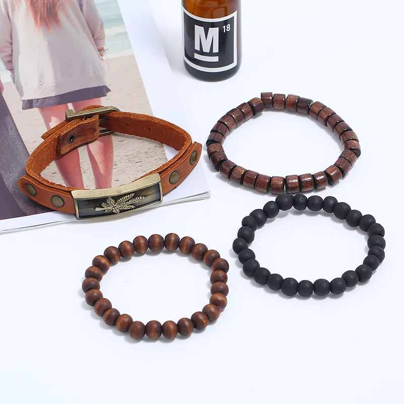Браслет кожаный с деревянными бусинами 4 шт./компл. ретро-браслеты и браслеты