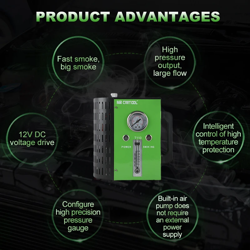 MR CARTOOL новое обновление T110 машины для дыма автомобиля для универсальных автомобилей 12 В DC детекторы утечки труб Авто диагностический инструмент