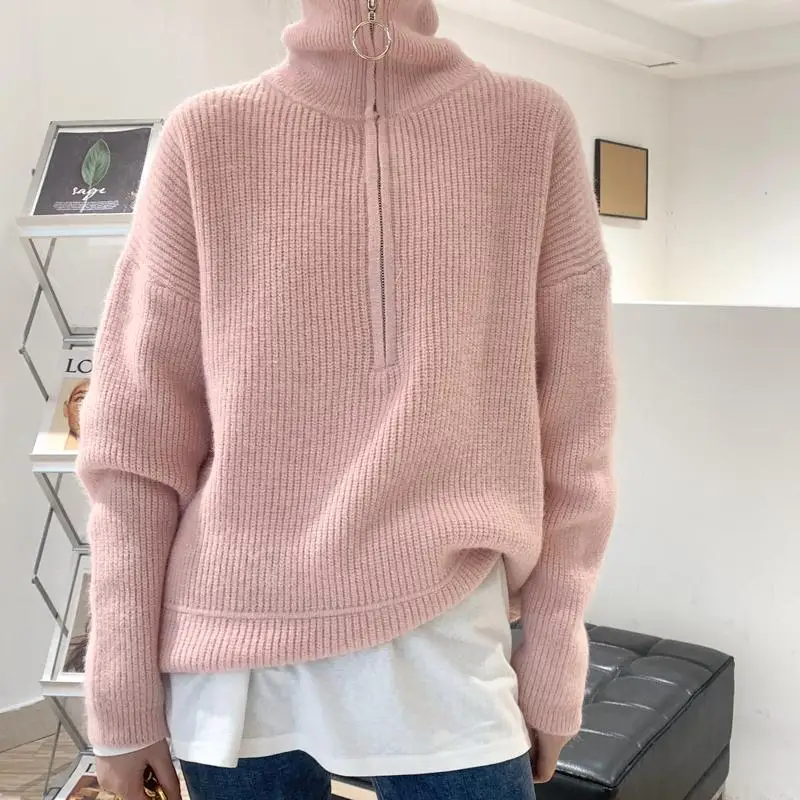 

Женский Длинный свитер на молнии, повседневный толстый вязаный пуловер свободного покроя с высоким воротником, Осень-зима 2021