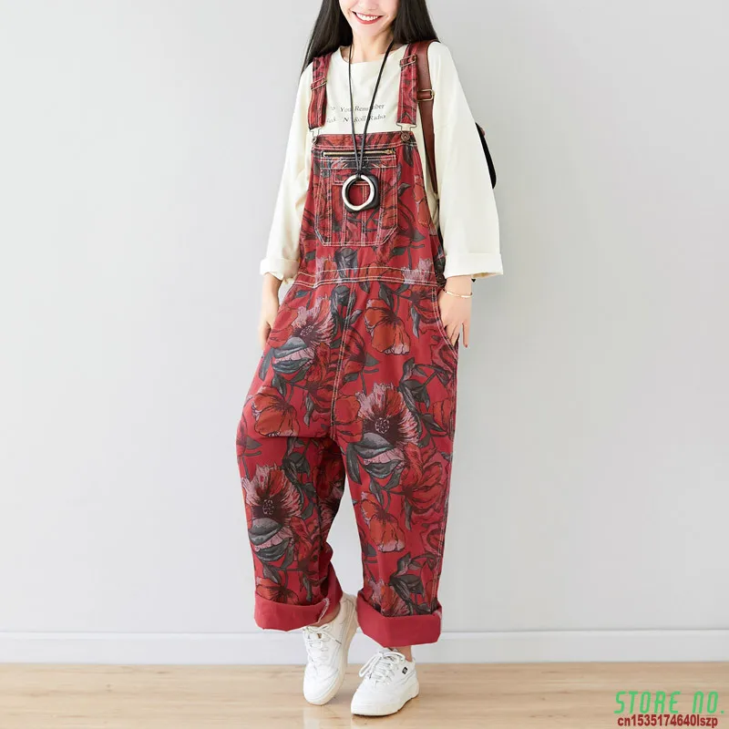 

Plus Size Wide Leg Jean Jumpsuit Women Casual Europe Boyfriend Suspenders Denim Overalls Baggy Printed Cowboy Bib Trousers