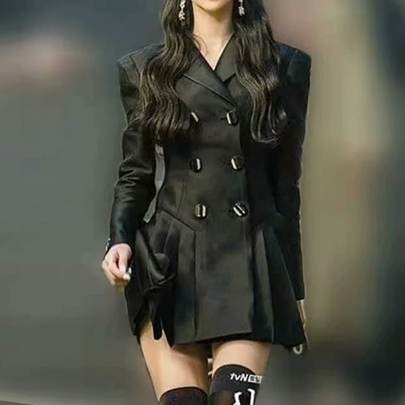 

Женское Плиссированное мини-платье, черное двубортное приталенное платье с V-образным вырезом и длинными рукавами, одежда для весны 2021