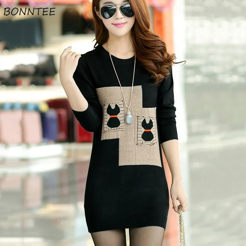 Женские длинные толстовки с круглым вырезом простые пуловеры в Корейском стиле