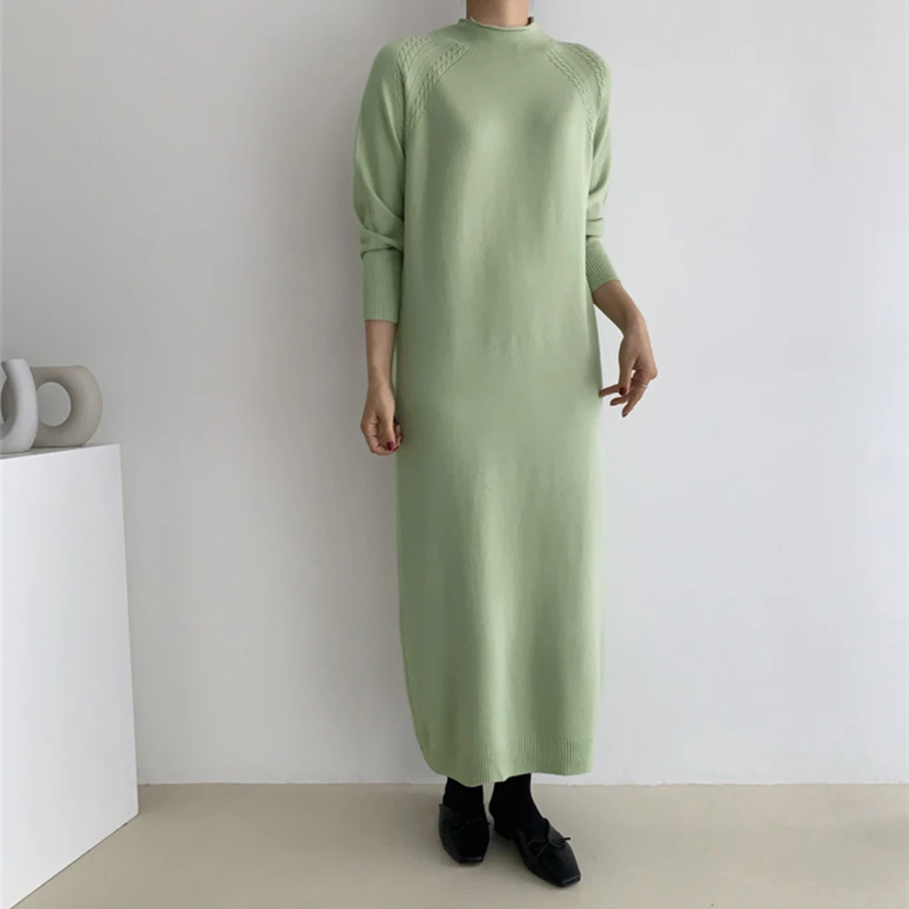 

Dress 2021 Autumn Winter New Korean Fashion Womens Temperament Warm Solid Color Round Neck Long Sleeve Loose Casual Dress