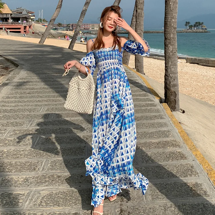 

Ruffle floral slash neck Beach dress women 2021 irregular holiday chiffon summer dress women Bohemian backless maxi dress blue