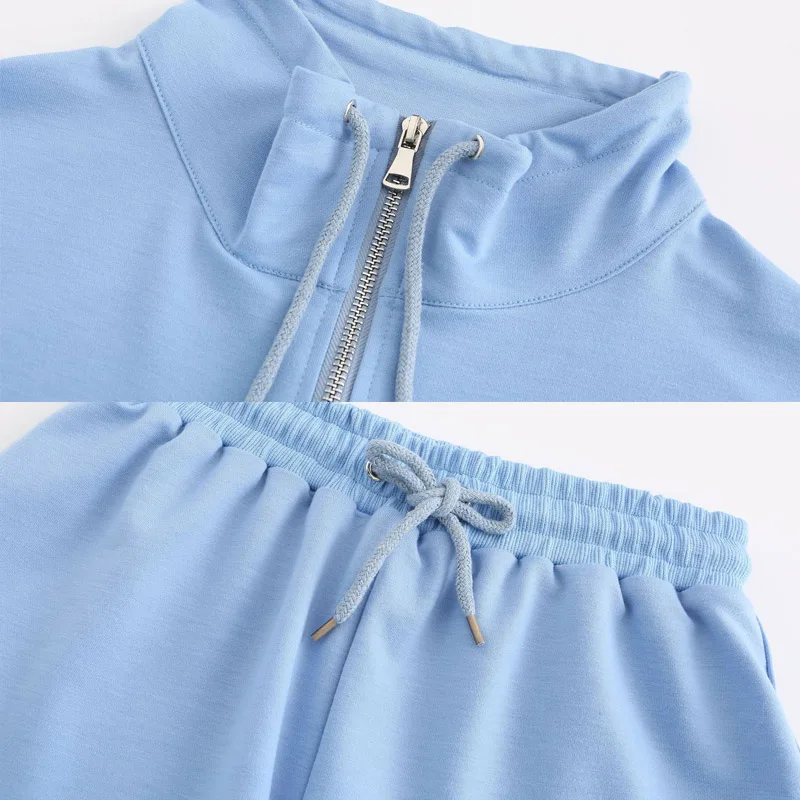 

Newest 2021 Spring Two Pieces Set Hoodie Crop Top & Shorts Tracksuit Outfits Fashion Zip Collar Blue Loose Sweatshirt Women Set