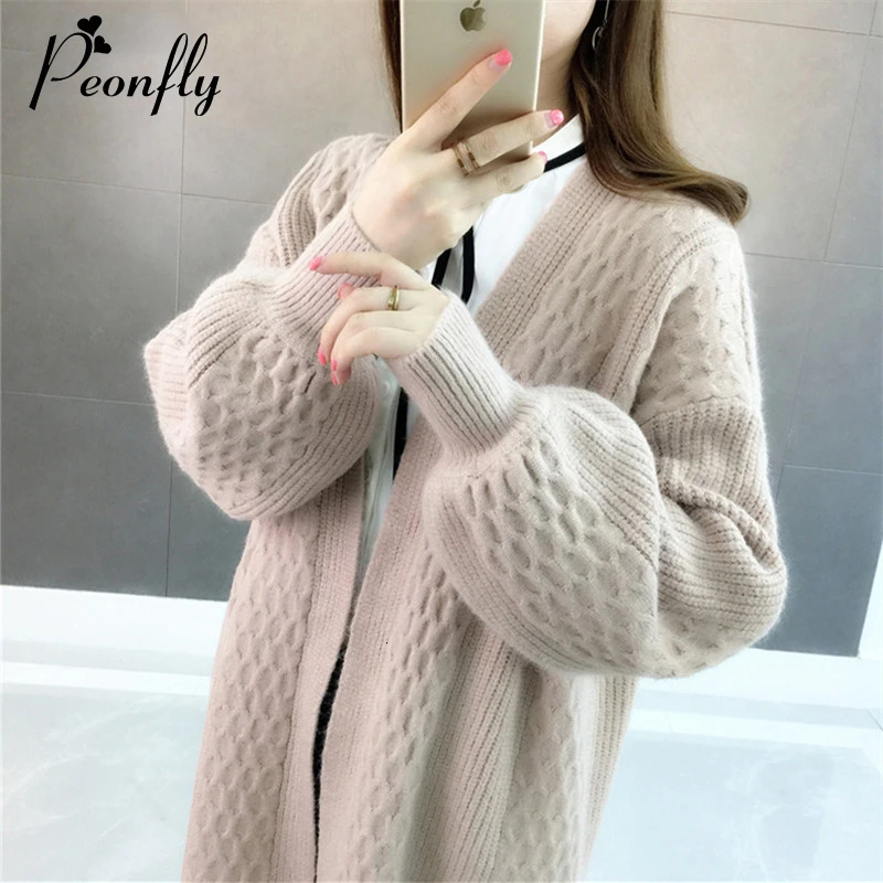 PEONFLY Loose Long Cardigan Women 2019 Autumn Winter Lantern Sleeve Sweater Female Casual Yellow Knitted Jacket |