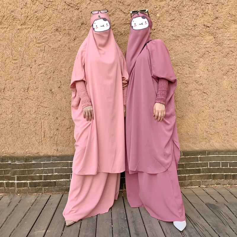 

Eid Ramadan Hooded Muslim Set Two Pieces Prayer Garment Abaya Dress Women Jilbab Long Khimar Robe Niqab Islam Dubai Clothes