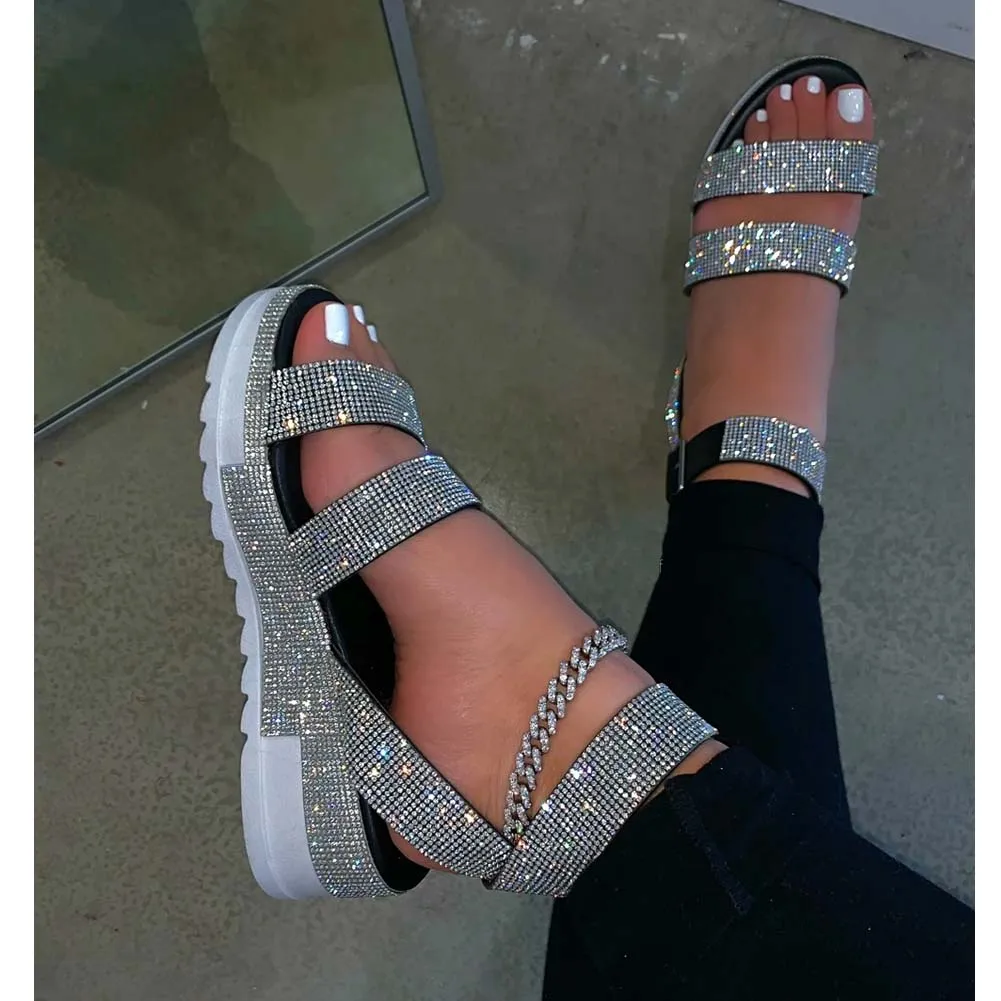 

SaraIris Mixed Color Med Heel Ankle Strap Sandals Women Crystal Wedges Casual Sandals Ladies Shoes