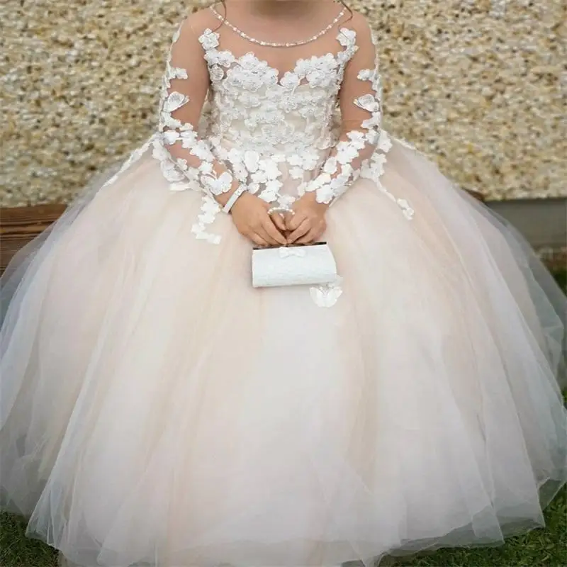 

Ball Gown Long Sleeve Flower Girl Dress Sheer Neck Kids Clothes Birthday Gown First Communion Dress