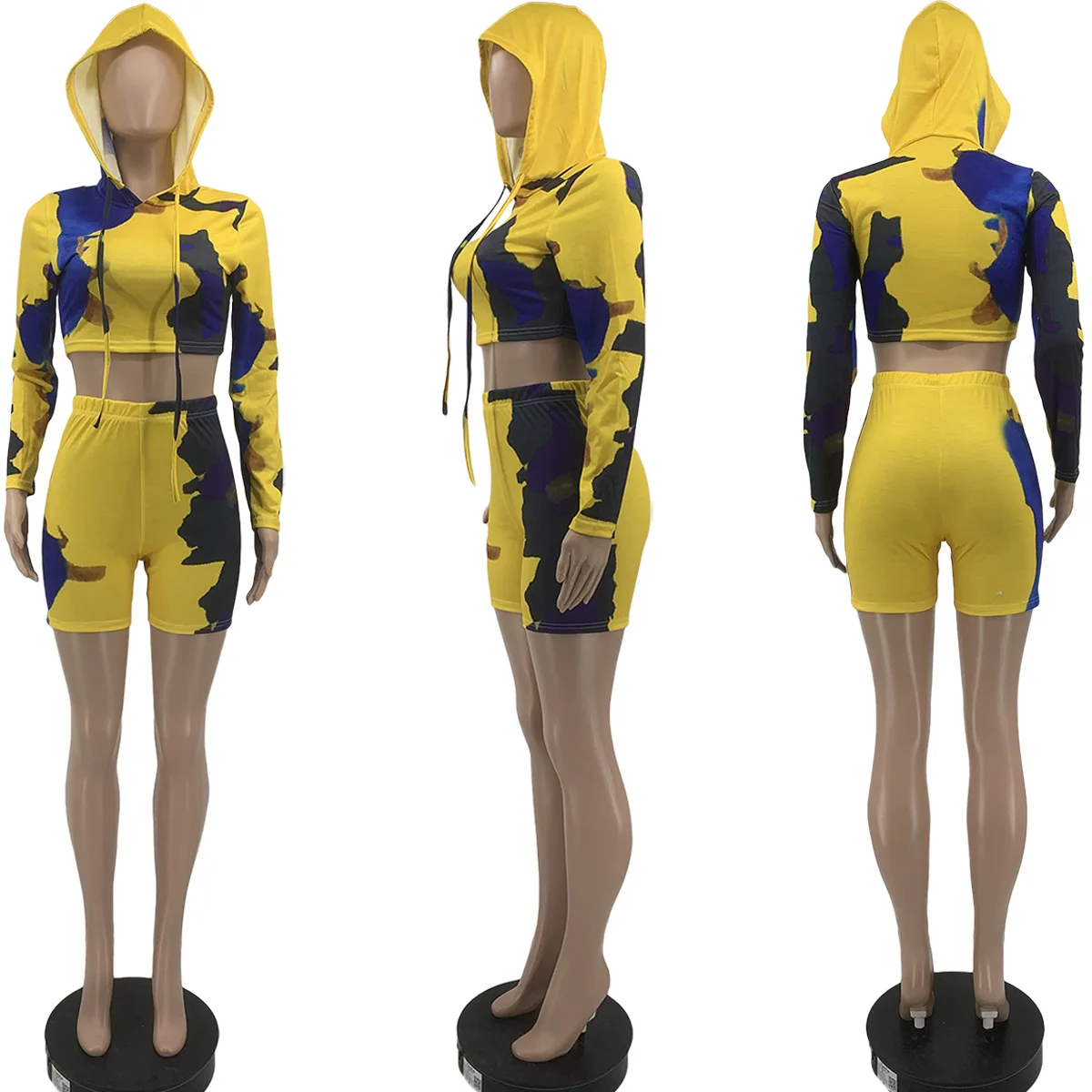 

Summer Casual Women Print Camouflage Long Sleeve Hooded Two Piece Shorts Set Sports Jogging Tracksuit Biker Streetwear Outfits