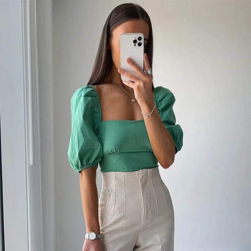 

Fashion Sqaure Neck Backless Lace Up Blouses Femme Puff Sleeve Shirts Women 2021 Vintage High Waist Sweet Female Crop Top