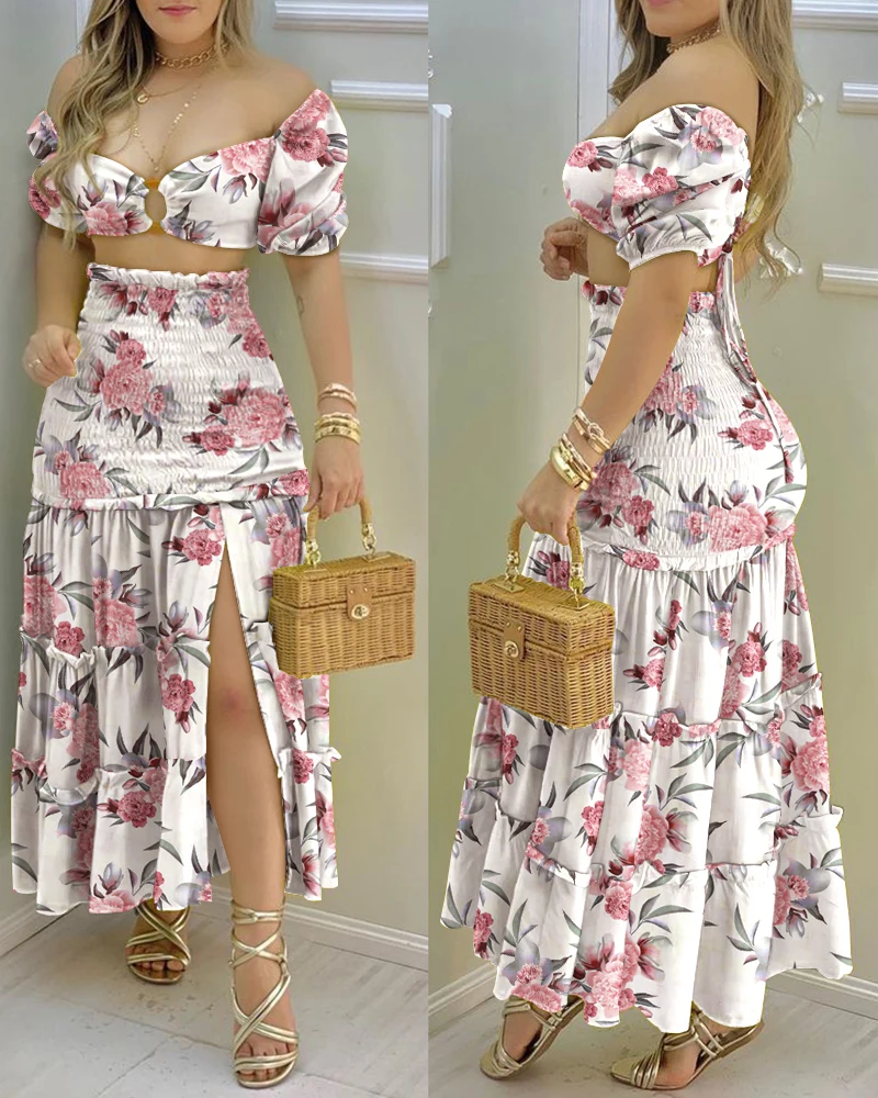 

2021 Summer Holiday Floral Print O-Ring Short Sleeve Crop Top Casual Frill Hem Shirred Slit High Waist Women's Maxi Skirt Sets