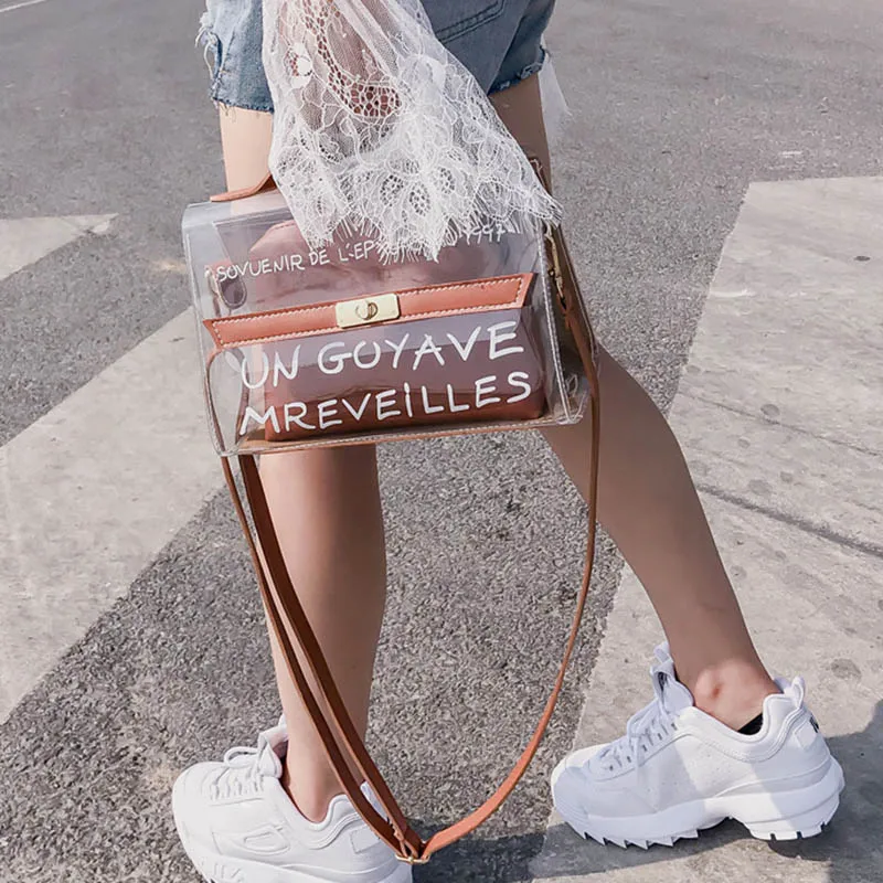 Women Composite Bags PVC Transparent Handbag Letters Printed PU Leather Purse Shoulder Bag-OPK