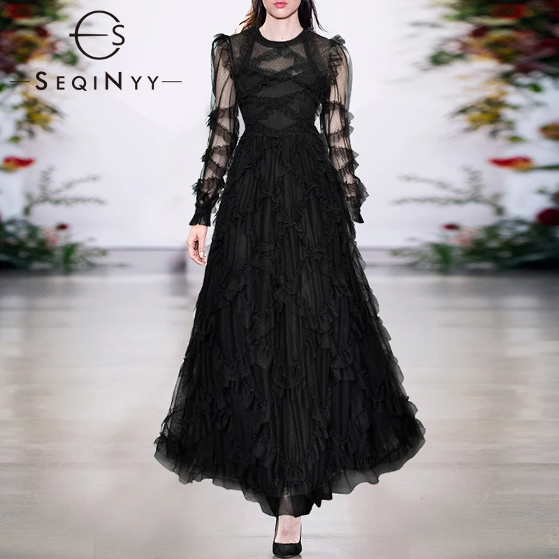 SEQINYY Party Long Dress Summer Spring New Fashion Design Women Runway High Quality Ruffles Black Mesh Elegant A-Line