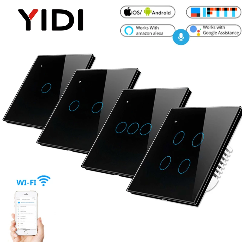 Black 1, 2, 3, 4 банды, WiFi, умный светильник, сенсорный выключатель, дистанционное управление с помощью приложения, AC 85 в, 220 В, ЕС, Великобритания, стандарт, беспроводной умный дом, 1, 2, 3, переключатель - Цвет: Black