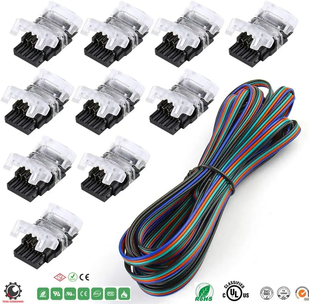 4 Pin LED Connector for Waterproof 10mm RGB 5050 LED Strip Lights, Strip to Wire Quick Connection Without Stripping, Cable