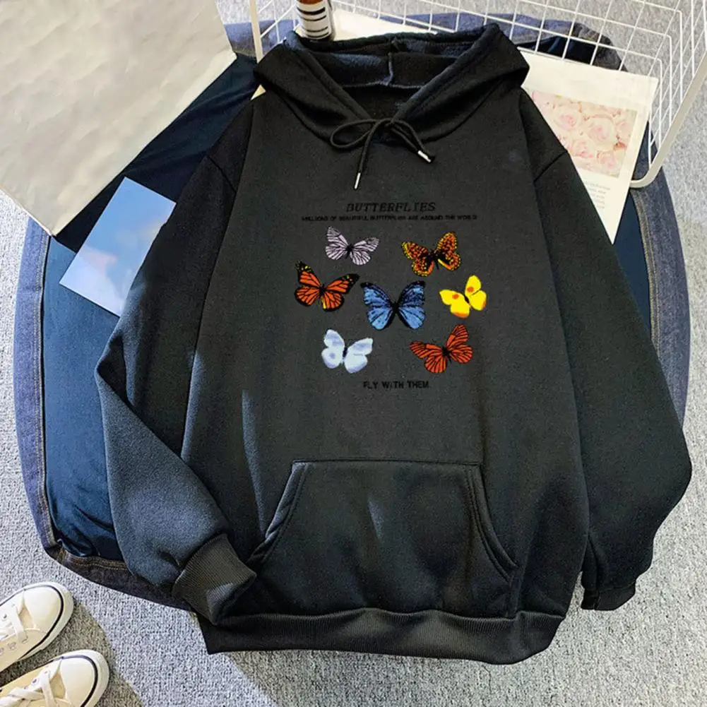 Butterflies Pattern Front Pocket Sweatshirt Cotton Blend Long Sleeve Winter Hooded for Home