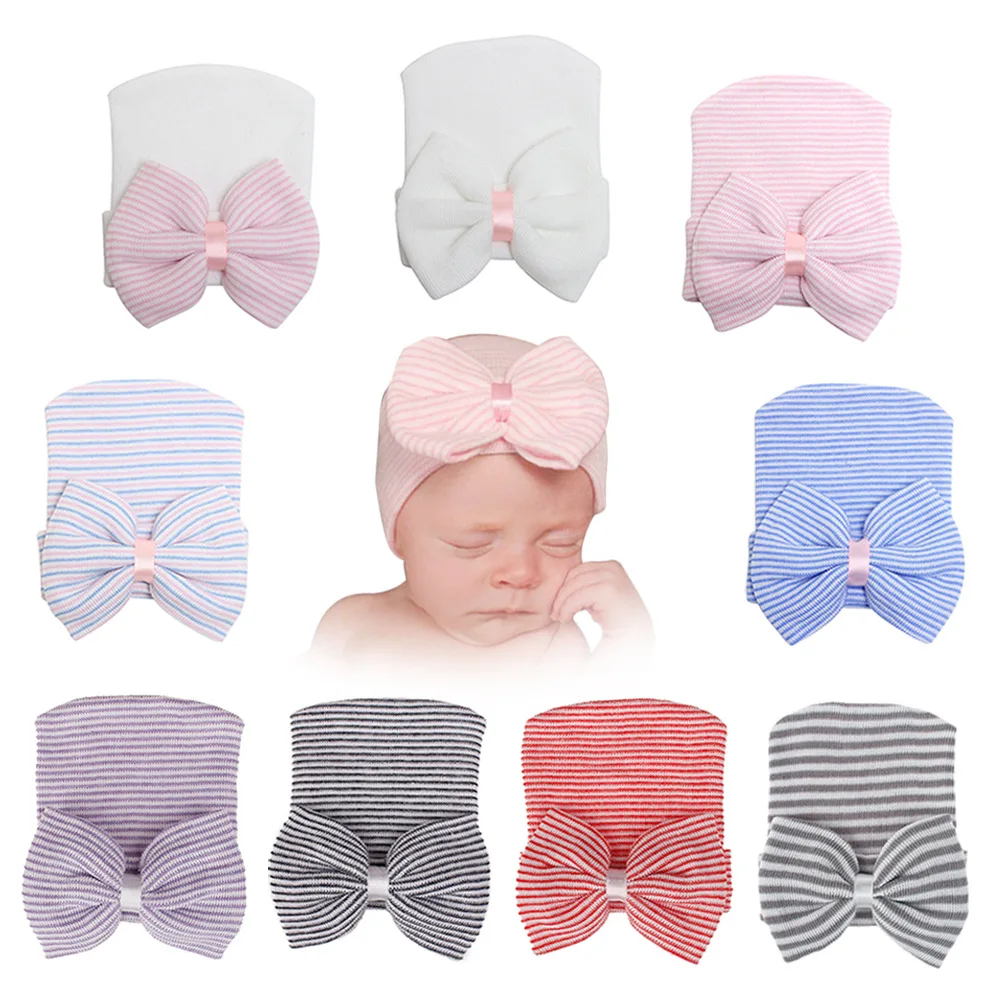 

Newborn Baby Hat Toddler Baby Warm Hats Cotton Striped Caps Soft Hospital Pink White Boys Girls Bow Beanies for New Born 0-6M