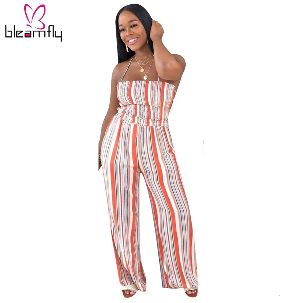 2019 Женский Летний полосатый комбинезон без рукавов на бретельках со шнуровкой