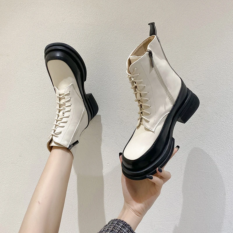 

Autumn Women's Ankle BootsThick-soled Round Toe Heel Lace and ZipperFashion Thick Boots OutdoorNon-slip Comfortable Casual Boots