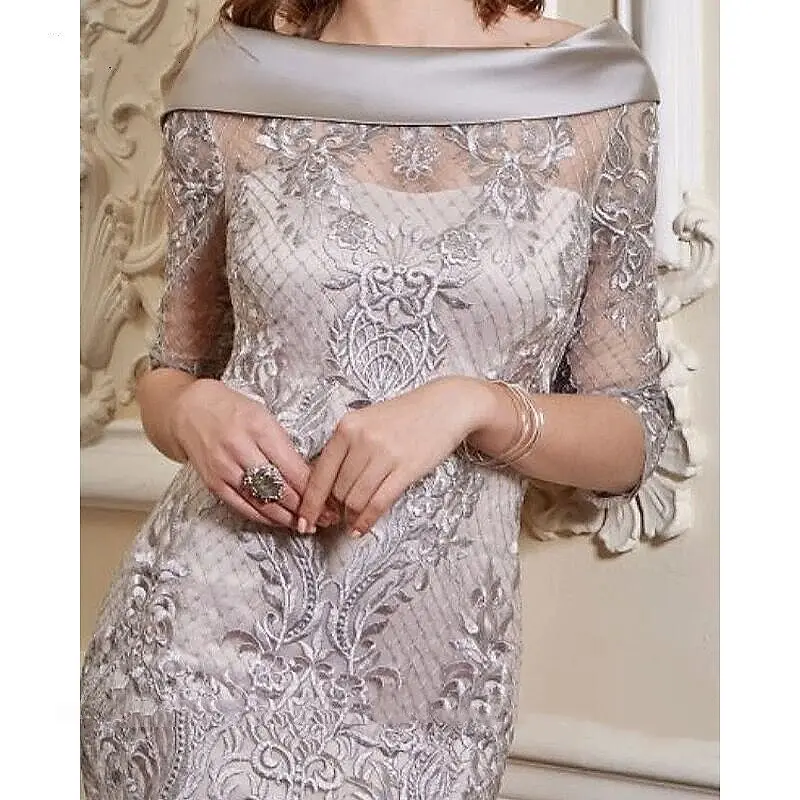 

Silver Purple Mother of the Bride Dresses Boat Neck Off Shoulder Knee Length Lace Half Sleeve Wedding Guest Evening Formal Gowns