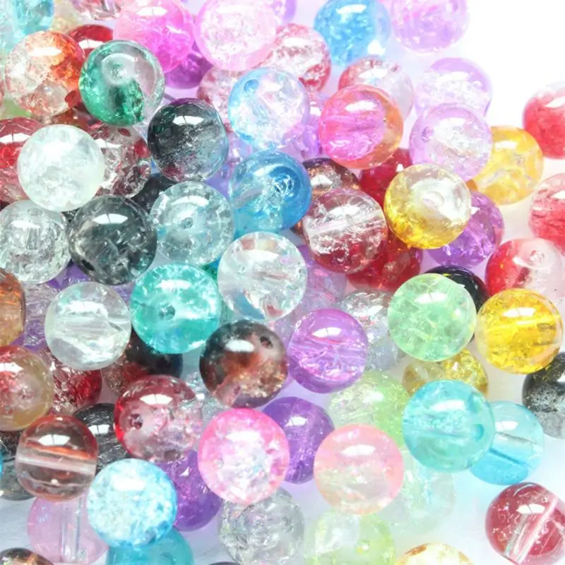 

350Pcs 14 Color 8mm Crackle Lampwork Round Glass Beads with 50Pcs Silver Spacers Stretch Cord Kit for DIY Jewelry Making