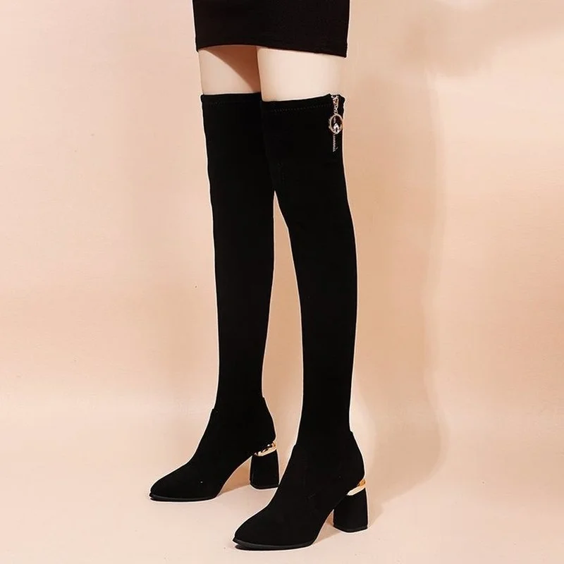 

High Boots Women's New Autumn and Winter Thick Heel Slim Boots Side Zipper High Tube Boots High Heel Elastic Women's Boots