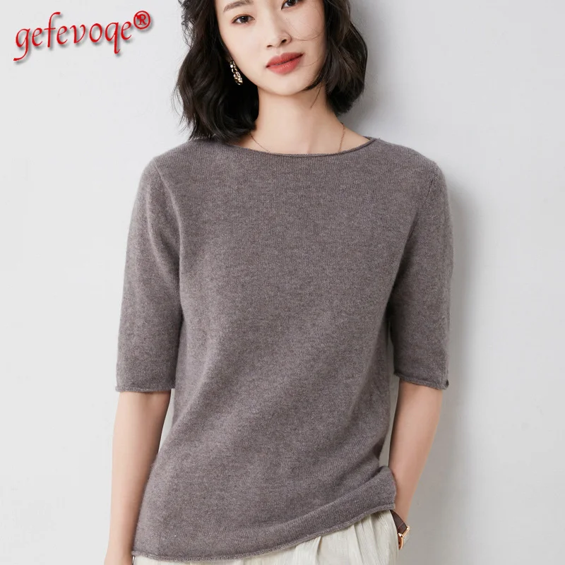 

Spring Autumn 2021 Women's Clothing Korean Fashion Casual Simple Elegant Knitted Sweater Half Sleeve Basic Pullovers Ladies Tops
